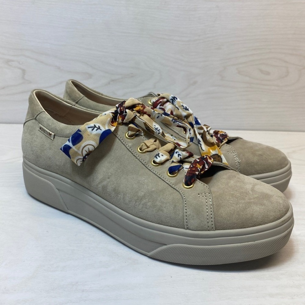 Mephisto Womens 9 Sneaker Platform Suede Tan Floral Ribbon Lace Walking Comfort